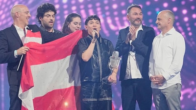 JJ delivers winning speech at Eurovision 2025. (AP Photo/Martin Meissner) (AP) JJ delivers winning speech at Eurovision 2025. (AP Photo/Martin Meissner) (AP)