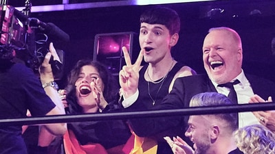 Abor & Tinny from Germany producer Stefan Raab, from left, react during the voting of the Grand Final of the 69th Eurovision Song Contest, in Basel, Switzerland, Saturday, May 17 2025. (AP Photo/Martin Meissner) (AP) Abor & Tinny from Germany producer Stefan Raab, from left, react during the voting of the Grand Final of the 69th Eurovision Song Contest, in Basel, Switzerland, Saturday, May 17 2025. (AP Photo/Martin Meissner) (AP)