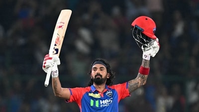 KL Rahul celebrates after scoring a century (100 runs) during the Indian Premier League (IPL) Twenty20 cricket match between Delhi Capitals and Gujarat Titans (AFP) KL Rahul celebrates after scoring a century (100 runs) during the Indian Premier League (IPL) Twenty20 cricket match between Delhi Capitals and Gujarat Titans (AFP)