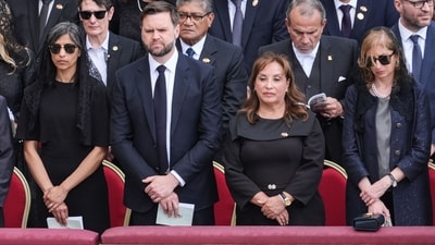 U.S. Vice President JD Vance and Second Lady Usha Vance, along with Peru's President Dina Boluarte and Laura Mattarella, attend the Holy Mass for the beginning of Pope Leo XIV’s pontificate in St. Peter’s Square. (Photo by Jacquelyn Martin / POOL / AFP) (AFP) U.S. Vice President JD Vance and Second Lady Usha Vance, along with Peru's President Dina Boluarte and Laura Mattarella, attend the Holy Mass for the beginning of Pope Leo XIV’s pontificate in St. Peter’s Square. (Photo by Jacquelyn Martin / POOL / AFP) (AFP)