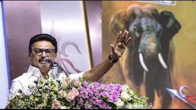 Tamil Nadu chief minister MK Stalin addresses the gathering during a book release function in Chennai on Saturday. (PTI) Tamil Nadu chief minister MK Stalin addresses the gathering during a book release function in Chennai on Saturday. (PTI)