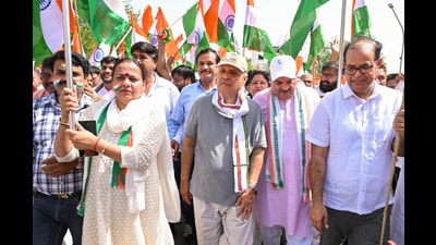 Union minister of state Rao Inderjit Singh takes part in a 'Tiranga Yatra' to express solidarity with the Indian armed forces, in Rewari on Sunday. (PTI)