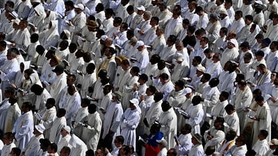 Priests gather in St. Peter’s Square for the inaugural Mass of Pope Leo XIV’s papacy. (Photo by Filippo MONTEFORTE / AFP) (AFP) Priests gather in St. Peter’s Square for the inaugural Mass of Pope Leo XIV’s papacy. (Photo by Filippo MONTEFORTE / AFP) (AFP)
