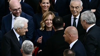 Italy's Prime Minister Giorgia Meloni greets Ukraine's President Volodymyr Zelensky, alongside Italy's President Sergio Mattarella, as they arrive for the Holy Mass marking the beginning of Pope Leo XIV’s pontificate in St. Peter’s Square on May 18, 2025. (Photo by Filippo MONTEFORTE / AFP) (AFP) Italy's Prime Minister Giorgia Meloni greets Ukraine's President Volodymyr Zelensky, alongside Italy's President Sergio Mattarella, as they arrive for the Holy Mass marking the beginning of Pope Leo XIV’s pontificate in St. Peter’s Square on May 18, 2025. (Photo by Filippo MONTEFORTE / AFP) (AFP)