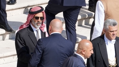 Jordan's Prince Ghazi Bin Mohammad (C) is warmly greeted upon his arrival to attend the Holy Mass for the beginning of Pope Leo XIV’s pontificate in St. Peter’s Square. (Photo by Jacquelyn Martin / POOL / AFP) (AFP) Jordan's Prince Ghazi Bin Mohammad (C) is warmly greeted upon his arrival to attend the Holy Mass for the beginning of Pope Leo XIV’s pontificate in St. Peter’s Square. (Photo by Jacquelyn Martin / POOL / AFP) (AFP)