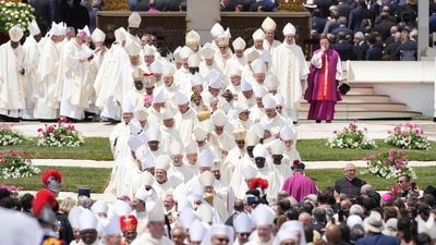 Cardinals and bishops exit St. Peter’s Square after attending the Mass for the inauguration of Pope Leo XIV’s papacy. (AP Photo/Andrew Medichini) (AP) Cardinals and bishops exit St. Peter’s Square after attending the Mass for the inauguration of Pope Leo XIV’s papacy. (AP Photo/Andrew Medichini) (AP)