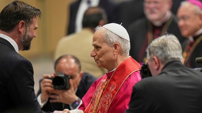 Pope Leo XIV meets U.S. Vice President JD Vance following the formal inauguration of his pontificate in St. Peter’s Square, Sunday, May 18, 2025. (AP Photo/Alessandra Tarantino) (AP) Pope Leo XIV meets U.S. Vice President JD Vance following the formal inauguration of his pontificate in St. Peter’s Square, Sunday, May 18, 2025. (AP Photo/Alessandra Tarantino) (AP)