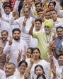 BJP members wave the victory sign upon sweeping the recent mayoral elections. (PTI) BJP members wave the victory sign upon sweeping the recent mayoral elections. (PTI)