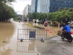 Manyata Tech Park in Bengalusu saw knee-deep water levels on Monday morning. Manyata Tech Park in Bengalusu saw knee-deep water levels on Monday morning.