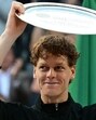 Italy's Jannik Sinner shows his finalist trophy at the end of his men's singles final match against Spain's Carlos Alcaraz for the ATP Rome Open tennis tournament at Foro Italico in Rome on May 18, 2025. (Photo by Tiziana FABI / AFP) (AFP)