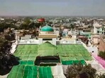 Aerial view of the Shahi Jama Masjid on the last Friday of the holy month of Ramzan, in Sambhal district, Uttar Pradesh.
