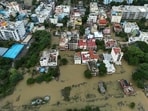 An aerial view shows a flooded locality following heavy rainfall in Bengaluru on May 19, 2025. An aerial view shows a flooded locality following heavy rainfall in Bengaluru on May 19, 2025.