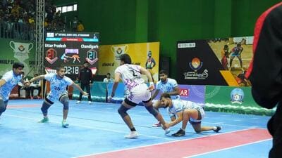 A kabaddi match in progress at the 38th National Games held in Uttarakhand. (HTPhoto) A kabaddi match in progress at the 38th National Games held in Uttarakhand. (HTPhoto)