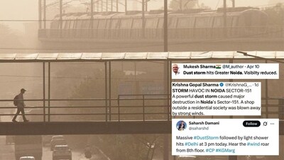 Walking amid the haze are some commuters on a foot overbridge, in Gurugram. NCR residents have been frequently sharing their dust storm woes on X. (Photo: PTI) Walking amid the haze are some commuters on a foot overbridge, in Gurugram. NCR residents have been frequently sharing their dust storm woes on X. (Photo: PTI)