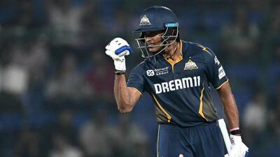 Gujarat Titans' Sai Sudharsan celebrates after scoring a century against Delhi Capitals. (AFP) Gujarat Titans' Sai Sudharsan celebrates after scoring a century against Delhi Capitals. (AFP)