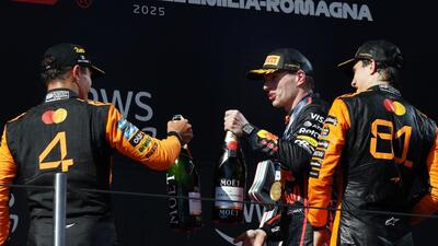 Red Bull's Max Verstappen celebrates after winning the Emilia Romagna GP with second placed McLaren's Lando Norris and third placed McLaren's Oscar Piastri. (REUTERS) Red Bull's Max Verstappen celebrates after winning the Emilia Romagna GP with second placed McLaren's Lando Norris and third placed McLaren's Oscar Piastri. (REUTERS)