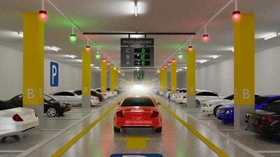 Smart Parking lot Guidance System with Overhead Indicators, Intelligent sensors assist control/monitor, Efficient management, 3D Rendering (Shutterstock)