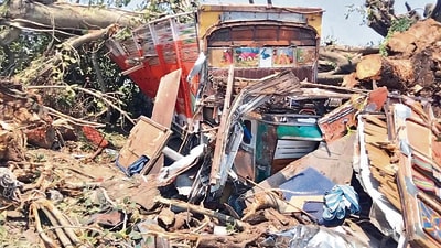 The truck after the mishap in Kangra on Monday. (HT Photo)