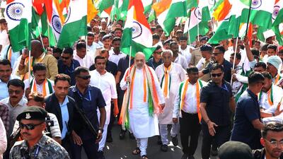 Union home minister Amit Shah (centre) takes part in the 'Tiranga Yatra', in solidarity with the Indian armed forces, in Gandhinagar on Sunday. (Photo from X) Union home minister Amit Shah (centre) takes part in the 'Tiranga Yatra', in solidarity with the Indian armed forces, in Gandhinagar on Sunday. (Photo from X)