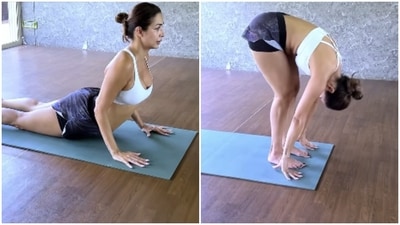 Malaika Arora does the Hatha Surya Namaskara yoga routine. Malaika Arora does the Hatha Surya Namaskara yoga routine.