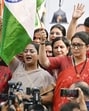 Delhi chief minister Rekha Gupta with Smriti Irani, Delhi BJP president Virendra Sachdeva and others during Sindoor Yatra in at Connaught Place in New Delhi on Monday. (RAJ K RAJ /HT PHOTO)
