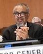 Tedros Adhanom Ghebreyesus, World Health Organization chief, applauds as member countries approve an agreement to combat future pandemics, during the 78th World Health Assembly (WHA78) at the European headquarters of the UN in Geneva, Switzerland, on Tuesday. (AP)