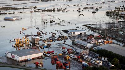 A drone view shows flooding caused by heavy rains, in Campana, Buenos Aires, Argentina, on Sunday. (REUTERS) A drone view shows flooding caused by heavy rains, in Campana, Buenos Aires, Argentina, on Sunday. (REUTERS)