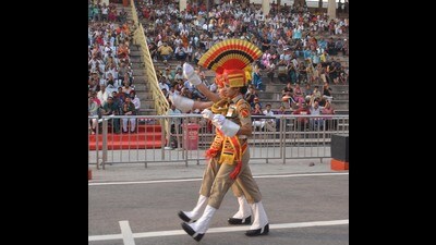 Border Security Force (BSF) personnel at Attari-Wagah joint check post on India-Pakistan international border as Beating Retreat ceremony restarted on Tuesday. (Sameer Sehgal/HT)