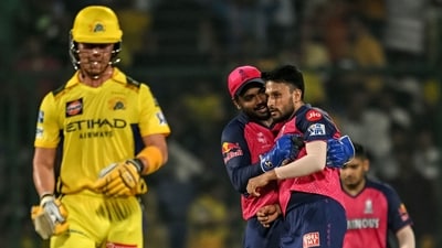 Akash Madhwal also struck twice in the final over, removing MS Dhoni and Shivam Dube, as Chennai Super Kings fell short of the 200-run mark. The Royals' bowlers put up a clinical show in the death overs as CSK posted 187/8 in 20 overs. (AFP) Akash Madhwal also struck twice in the final over, removing MS Dhoni and Shivam Dube, as Chennai Super Kings fell short of the 200-run mark. The Royals' bowlers put up a clinical show in the death overs as CSK posted 187/8 in 20 overs. (AFP)