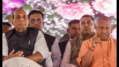 Defence minister Rajnath Singh and UP chief minister Yogi Adityanath attend the silver jubilee celebration of a hospital, in Lucknow, Tuesday. (PTI Photo) Defence minister Rajnath Singh and UP chief minister Yogi Adityanath attend the silver jubilee celebration of a hospital, in Lucknow, Tuesday. (PTI Photo)