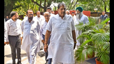 JJP President Ajay Singh Chautala with other leaders in Chandigarh on Tuesday. (PTI) JJP President Ajay Singh Chautala with other leaders in Chandigarh on Tuesday. (PTI)