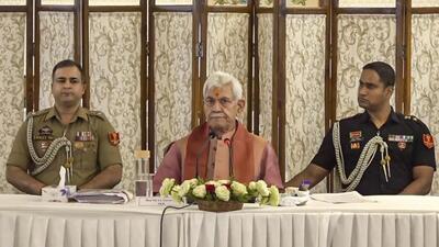 Jammu and Kashmir lieutenant governor Manoj Sinha chairing the Unified Command meeting at Raj Bhawan in Srinagar on Tuesday. (PTI Photo)