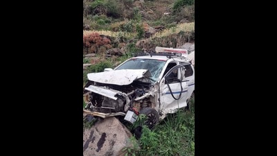 Mangled remains of the car after the accident in Mandi on Tuesday. (Birbal Sharma/HT)