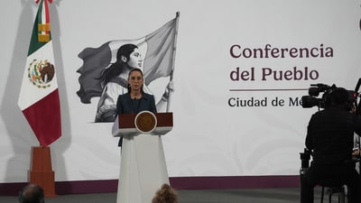 Mexico's President Claudia Sheinbaum gives a morning press conference, after a Mexican Navy boat crashed into a bridge in New York, at the National Palace in Mexico City, Monday, May 19, 2025. (AP Photo/Marco Ugarte) (AP)