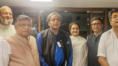 Parliament's Standing Committee on External Affairs Chairperson, Congress MP Shashi Tharoor with AIMIM chief Asaduddin Owaisi, BJP's RPN Singh, Ravi Shankar Prasad and other members, and foreign secretary Vikram Misri, after a meeting of the committee in Delhi on Monday. (PTI) Parliament's Standing Committee on External Affairs Chairperson, Congress MP Shashi Tharoor with AIMIM chief Asaduddin Owaisi, BJP's RPN Singh, Ravi Shankar Prasad and other members, and foreign secretary Vikram Misri, after a meeting of the committee in Delhi on Monday. (PTI)