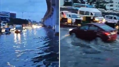 Waterlogging on a Bengaluru road after heavy rainfall. (Screengrab (X)) Waterlogging on a Bengaluru road after heavy rainfall. (Screengrab (X))