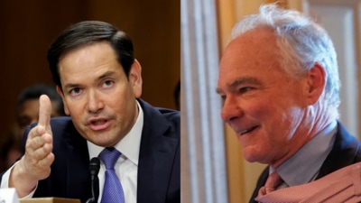 Marco Rubio stands by the Trump administration's controversial decision to offer refugee status to 59 white Afrikaners from South Africa, despite Senator Tim Kaine's inquiries about racial implications. (Reuters) Marco Rubio stands by the Trump administration's controversial decision to offer refugee status to 59 white Afrikaners from South Africa, despite Senator Tim Kaine's inquiries about racial implications. (Reuters)