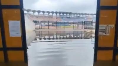 The video, widely circulated on social media, captures water entering the stadium premises and pooling inside. (X/@ThreadsNarrator) The video, widely circulated on social media, captures water entering the stadium premises and pooling inside. (X/@ThreadsNarrator)