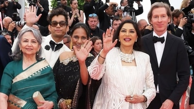 Simi Garewal, Sharmila Tagore, and Wes Anderson attended screening of Aranyer Din Ratri at Cannes Film Festival. (X/@Sourav_3294) Simi Garewal, Sharmila Tagore, and Wes Anderson attended screening of Aranyer Din Ratri at Cannes Film Festival. (X/@Sourav_3294)