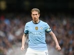 Manchester City's Belgian midfielder #17 Kevin De Bruyne reacts during the English Premier League football match between Manchester City and Bournemouth at the Etihad Stadium in Manchester, north west England, on May 20, 2025. (Photo by Paul ELLIS / AFP) / RESTRICTED TO EDITORIAL USE.