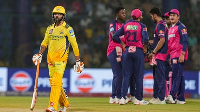 Chennai Super Kings' Ravindra Jadeja walks back after his dismissal during the IPL 2025 match against Rajasthan Royals in New Delhi (PTI) Chennai Super Kings' Ravindra Jadeja walks back after his dismissal during the IPL 2025 match against Rajasthan Royals in New Delhi (PTI)