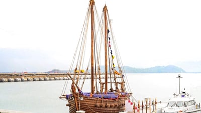 INSV Kaundinya, a recreation of a 5th-century stitched ship inspired by Ajanta murals, during its induction ceremony at the Karwar Naval Base, Karnataka. (PIB) INSV Kaundinya, a recreation of a 5th-century stitched ship inspired by Ajanta murals, during its induction ceremony at the Karwar Naval Base, Karnataka. (PIB)