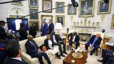 Trump berated Ramaphosa and claimed that thousands of white farmers were being “executed”, adding that their lands were seized. (Bloomberg) Trump berated Ramaphosa and claimed that thousands of white farmers were being “executed”, adding that their lands were seized. (Bloomberg)