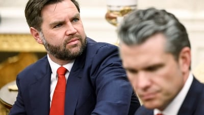 US Vice President JD Vance, left, and Pete Hegseth, US secretary of defense, attended a meeting between Trump and Cyril Ramaphosa in the Oval Office of the White House in Washington, DC, US, on Wednesday, May 21, 2025. Ramaphosa said "We are essentially here to reset the relationship between the United States and South Africa." (Bloomberg) US Vice President JD Vance, left, and Pete Hegseth, US secretary of defense, attended a meeting between Trump and Cyril Ramaphosa in the Oval Office of the White House in Washington, DC, US, on Wednesday, May 21, 2025. Ramaphosa said "We are essentially here to reset the relationship between the United States and South Africa." (Bloomberg)