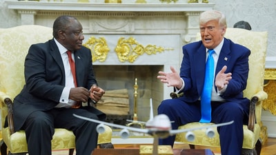 President Donald Trump meets South African President Cyril Ramaphosa in the Oval Office of the White House, Wednesday, May 21, 2025, in Washington. (AP Photo/Evan Vucci) (AP) President Donald Trump meets South African President Cyril Ramaphosa in the Oval Office of the White House, Wednesday, May 21, 2025, in Washington. (AP Photo/Evan Vucci) (AP)