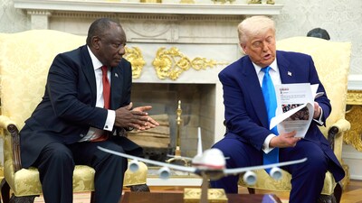 President Donald Trump meets South Africa's President Cyril Ramaphosa in the Oval Office of the White House, Wednesday, May 21, 2025, in Washington. (AP)