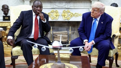 In an attempt to calm the meeting, Ramaphosa proposed a private conversation to address concerns and quipped, saying, “I’m sorry I don’t have a plane to give you,” while reiterating South Africa’s readiness to engage. (REUTERS)
