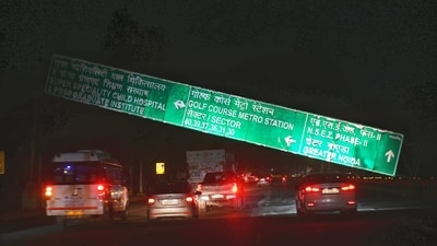 Signboards on both sides of Dadari Bhangal Road fell due to the storm on Wednesday. (Sunil Ghosh/HT Photo) Signboards on both sides of Dadari Bhangal Road fell due to the storm on Wednesday. (Sunil Ghosh/HT Photo)