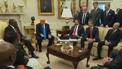 President Donald Trump met South Africa's President Cyril Ramaphosa in the Oval Office of the White House, Wednesday, May 21, 2025, in Washington. (via ANI) President Donald Trump met South Africa's President Cyril Ramaphosa in the Oval Office of the White House, Wednesday, May 21, 2025, in Washington. (via ANI)