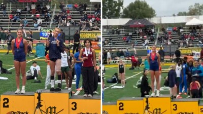 16-year-old Reese Hogan (left) was the runner-up in the triple jump at the CIF Southern Section Finals. (X/@Riley_Gaines_) 16-year-old Reese Hogan (left) was the runner-up in the triple jump at the CIF Southern Section Finals. (X/@Riley_Gaines_)
